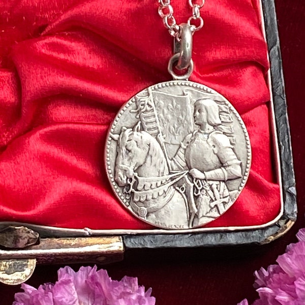 St Joan of Arc Medal Pendant, Antique French Catholic, Penin Poncet Silver
