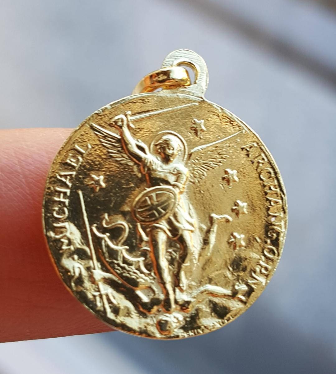 18K Gold Plated French Saint Michael Medal Pendant Mt Carmel Catholic Jewelry Archangel