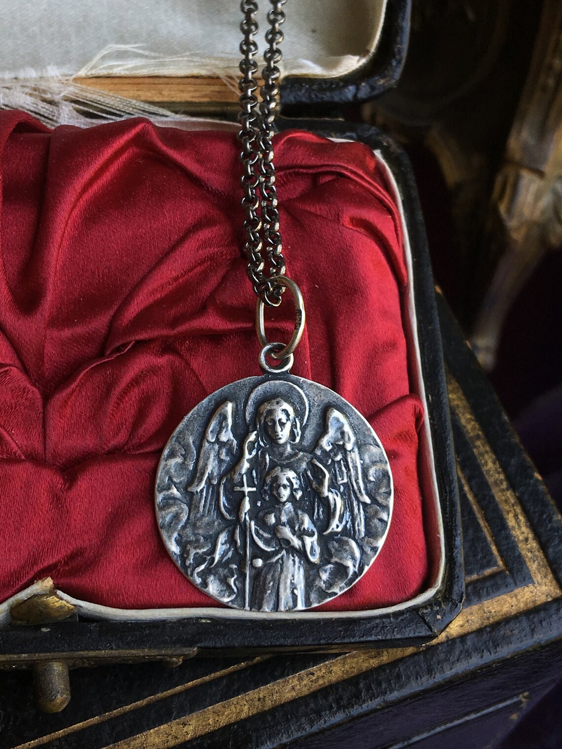 Guardian Angel Saint Gabriel Medal Necklace STERLING SILVER