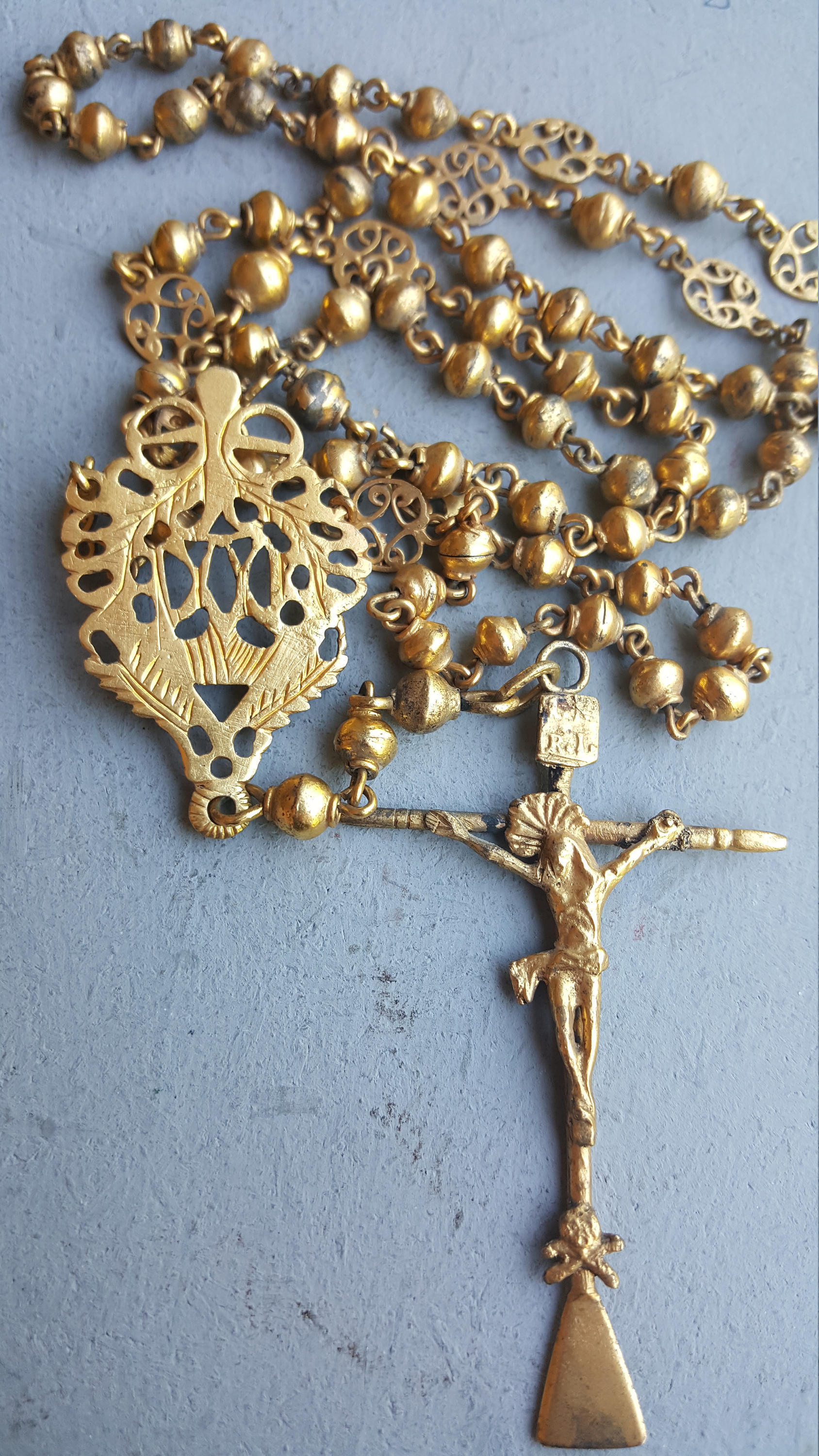 Antique Rosary Necklace 18K Gold Plated Silver Spanish Vintage Catholic