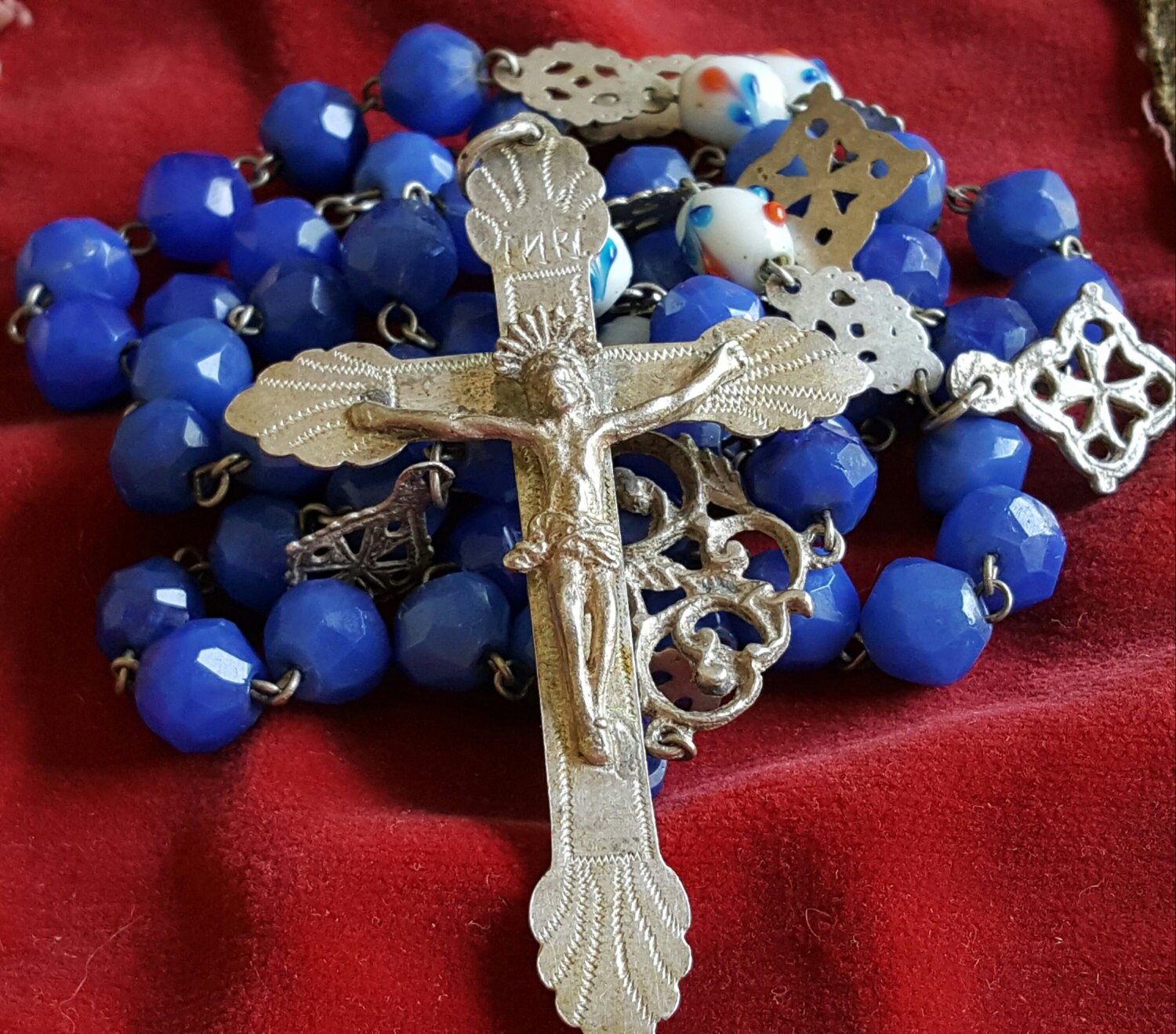 Large Vintage Italian Rosary Lampwork Beads Silver Etched Crucifix