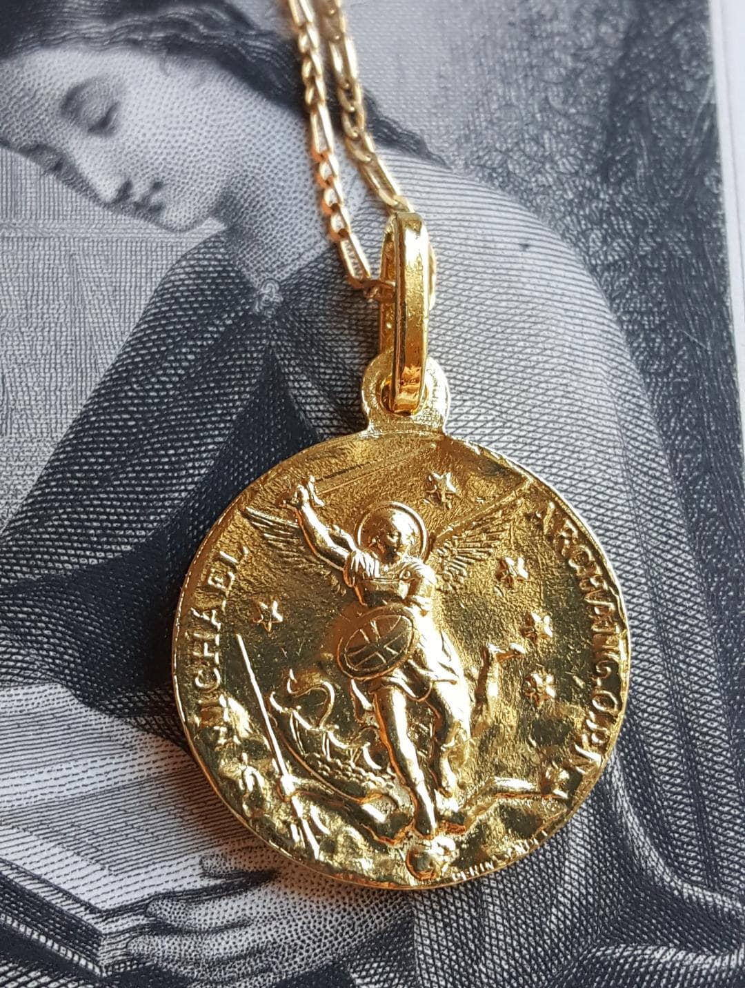 18K Gold Plated French Saint Michael Medal Pendant Mt Carmel Catholic Jewelry Archangel