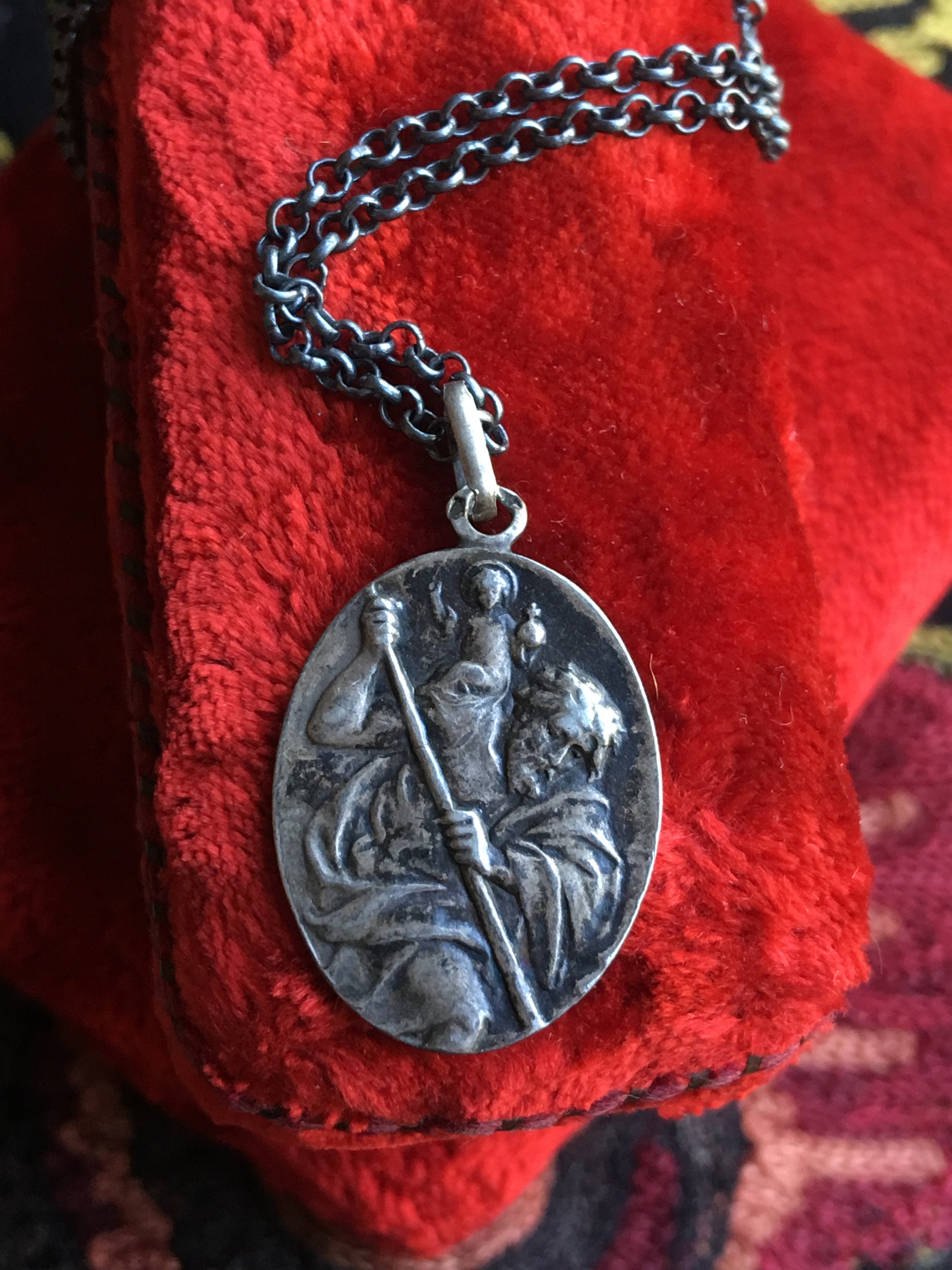 Saint Christopher Medal Necklace, Sterling, Vintage Catholic, French