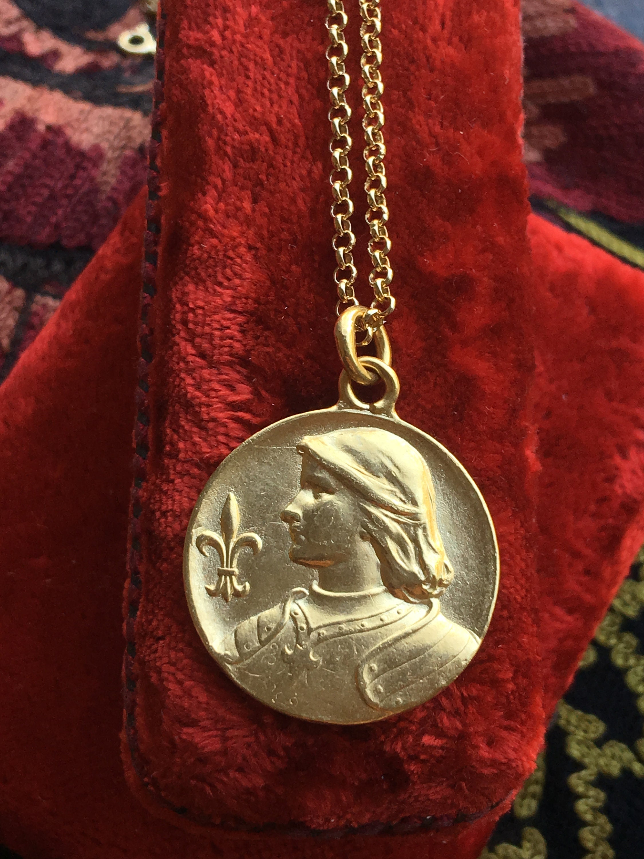 Saint Joan of Arc Medal Necklace Vintage Catholic 18K Gold