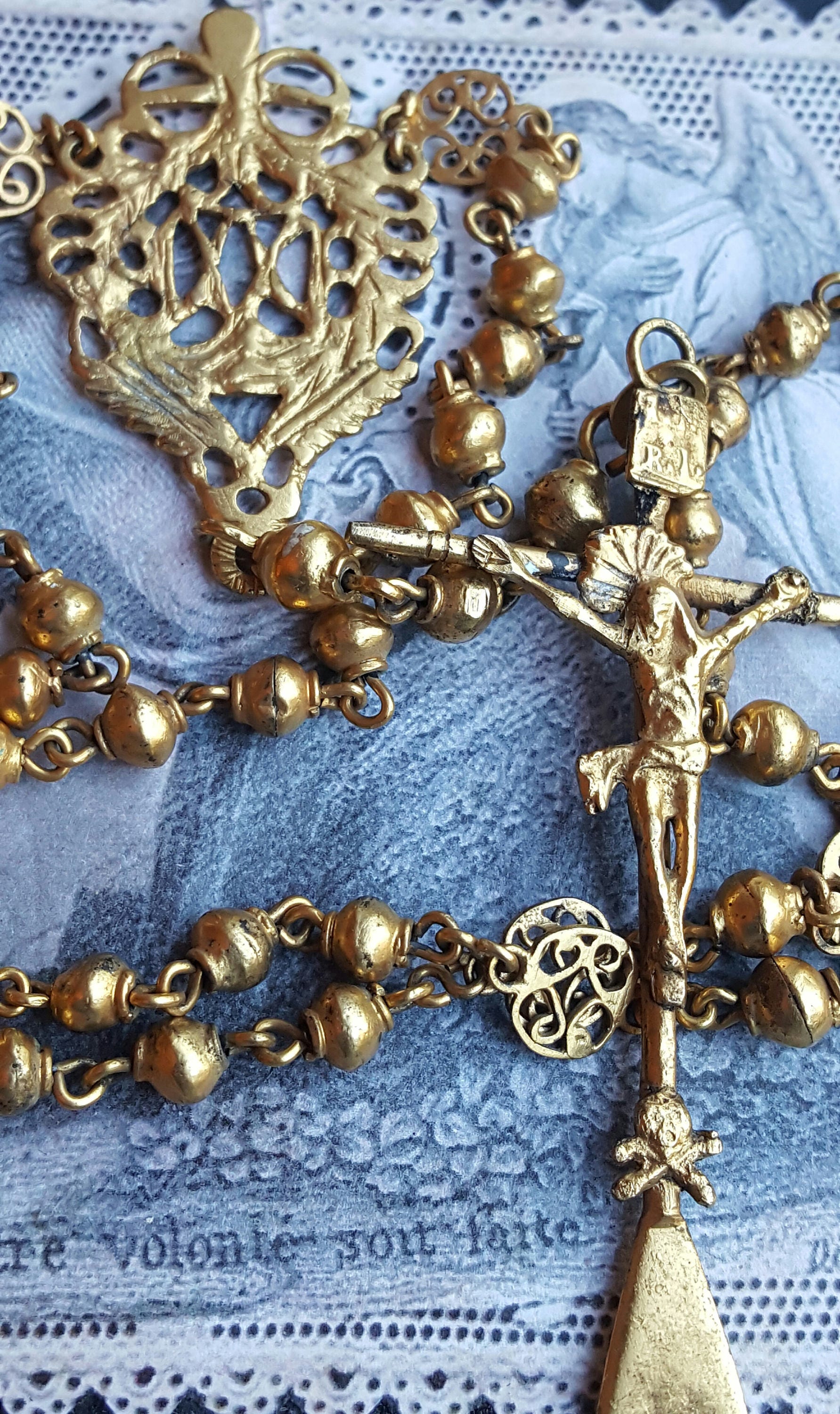 Antique Rosary Necklace 18K Gold Plated Silver Spanish Vintage Catholic