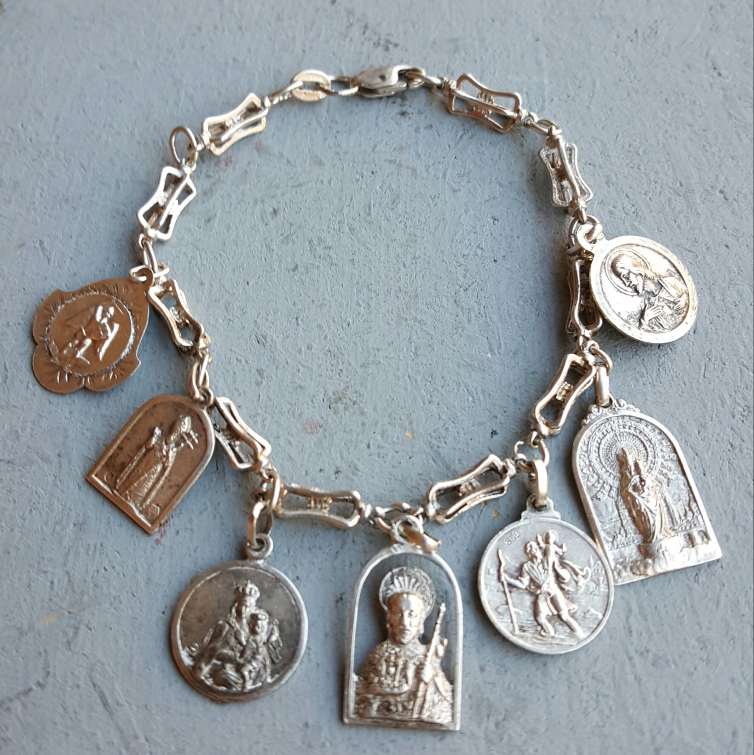 Vintage Spanish Sterling Silver Multi Medal Charm Bracelet Catholic ...