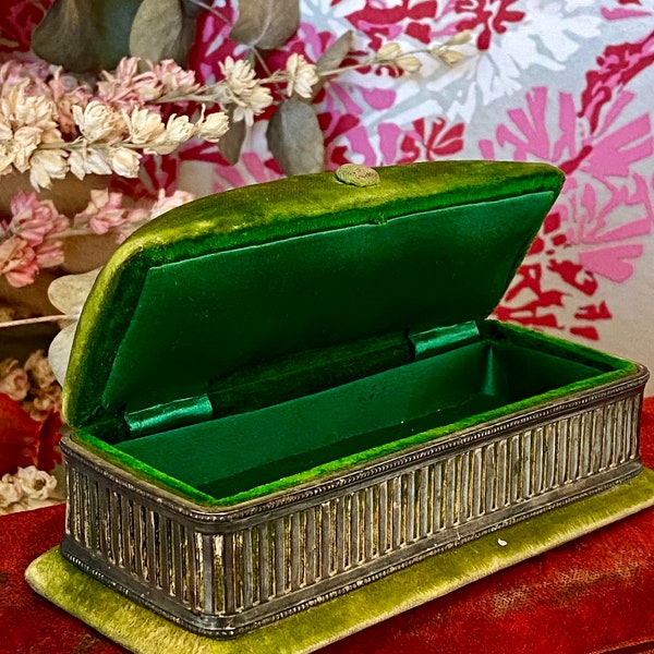 French Jewelry Box, Antique Velvet Trinket Storage, Green Art Deco Velvet Case