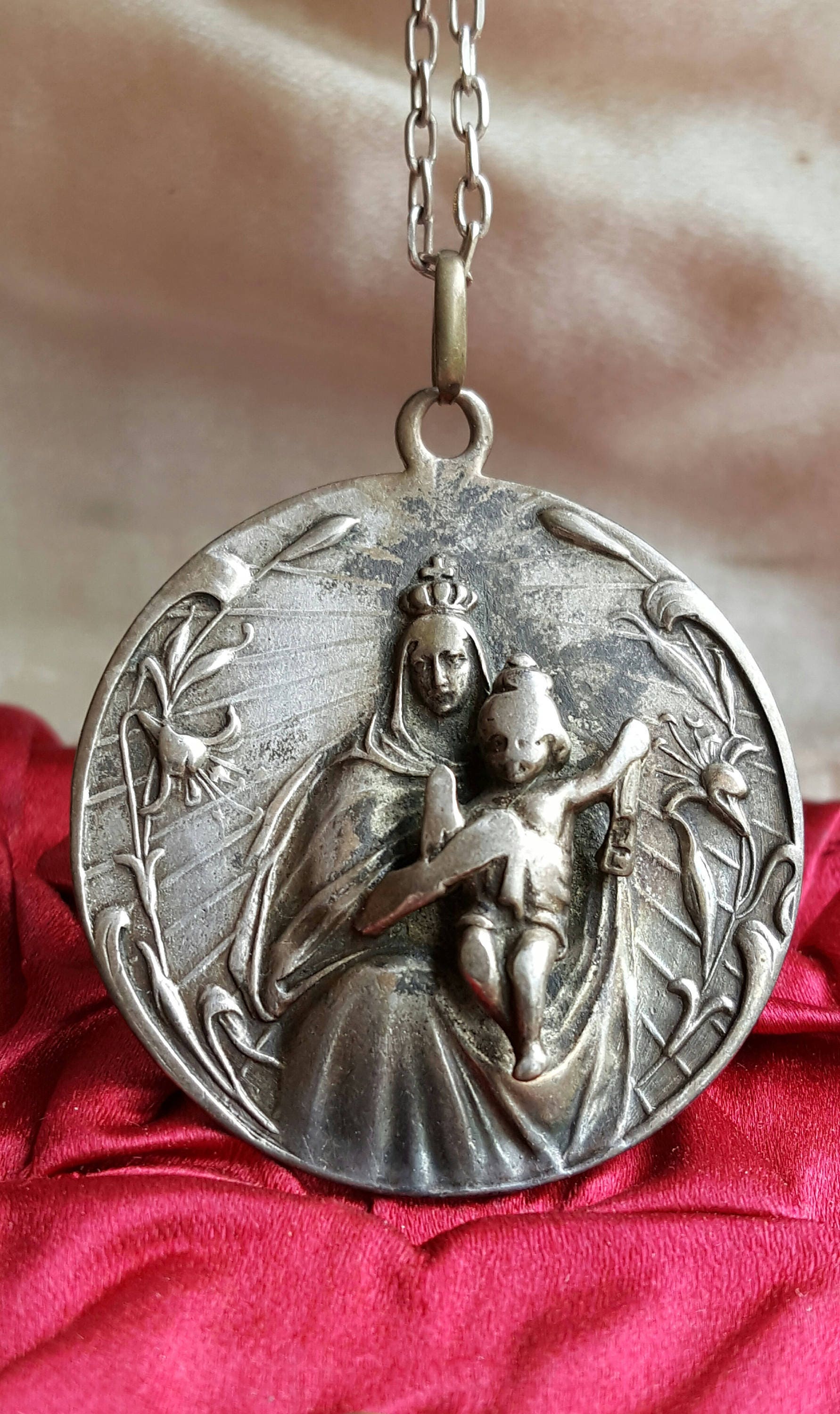 Large Antique Spanish Virgin Mary Medal Pendant Virgin Mary Madonna