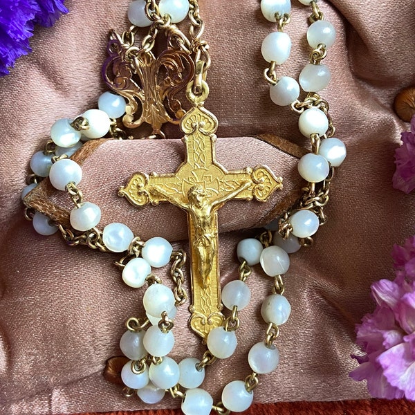 Vintage Rosary, 18k Gold and Mother of Pearl, Vintage Catholic Gift