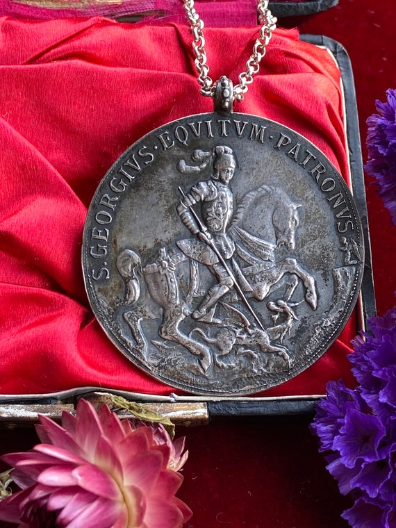 Saint George Medal Pendant, Antique French Catholi