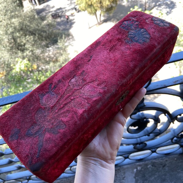 French Jewelry Box, Antique Velvet Trinket Storage, Red Velvet Jewel Display Case