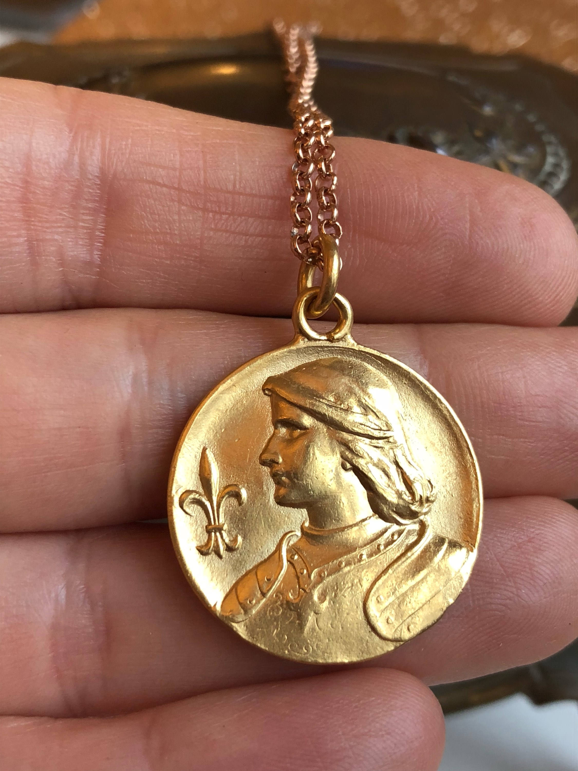 Saint Joan of Arc Medal Necklace Vintage Catholic 18K Gold