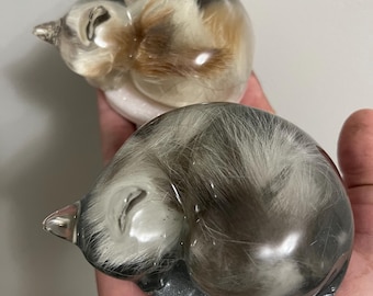 May include: Two glass cat figurines, one calico and one gray, curled up in a sleeping position. The calico cat has brown, white, and black fur. The gray cat has gray and white fur. Both have clear glass noses and are resting on a base.