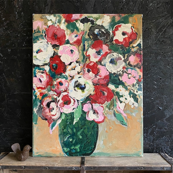 Original Abstract Flower Painting / Pot of Flowers on Stretched Canvas 14 x 18 inch / Floral Vase Original / Hand Painted Vase of Roses