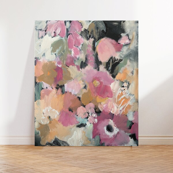 Original Painting Abstract Flowers on Stretched Canvas 50x60cm / Cottage Garden Flowers Original Hand Painted / Abstract Floral Canvas