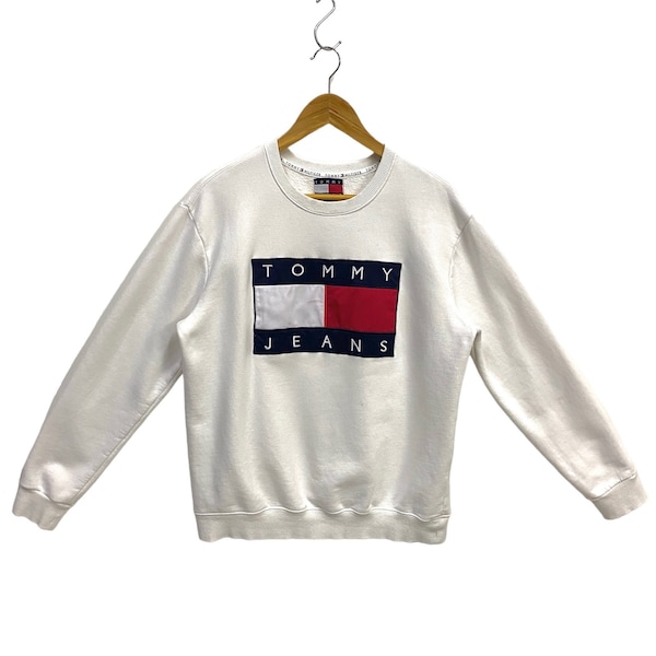 Vintage 90s Tommy Jeans Sweatshirt Tommy Hilfiger Crewneck Tommy Hilfiger Sweater Streetwear Tommy Hilfiger Embroidery Logo White Size M