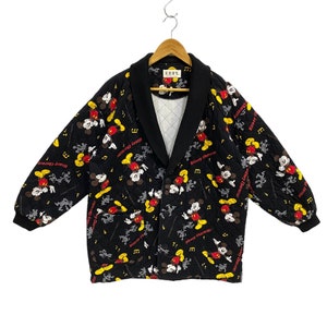 Vintage Disney Mickey Mouse Shawl Collar Quilted Coat All Over Print Disneyland Jacket Black Medium Large