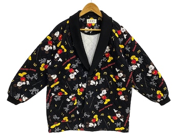 Vintage Disney Mickey Mouse Shawl Collar Quilted Coat All Over Print Disneyland Jacket Black Medium Large