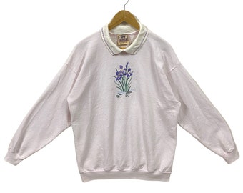 Vintage 90s Top Stich By Morning Sun Sweatshirt Pullover Grandma Core Flower Embroidered Sweater Light Pink Size Large