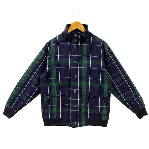 Vintage Woolrich Plaid Bomber Jacket Oxford Cotton Checkered Pattern Casual Classic Mod Style Button Up Jacket Blue Green Medium