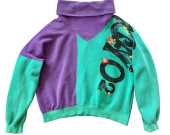 Vintage 80s Kansai Yamamoto Sweater Kansai O2 Japanese Fashion Designer Turtleneck Sweater Pullover Cropped Oversized Sweatshirt Purple M