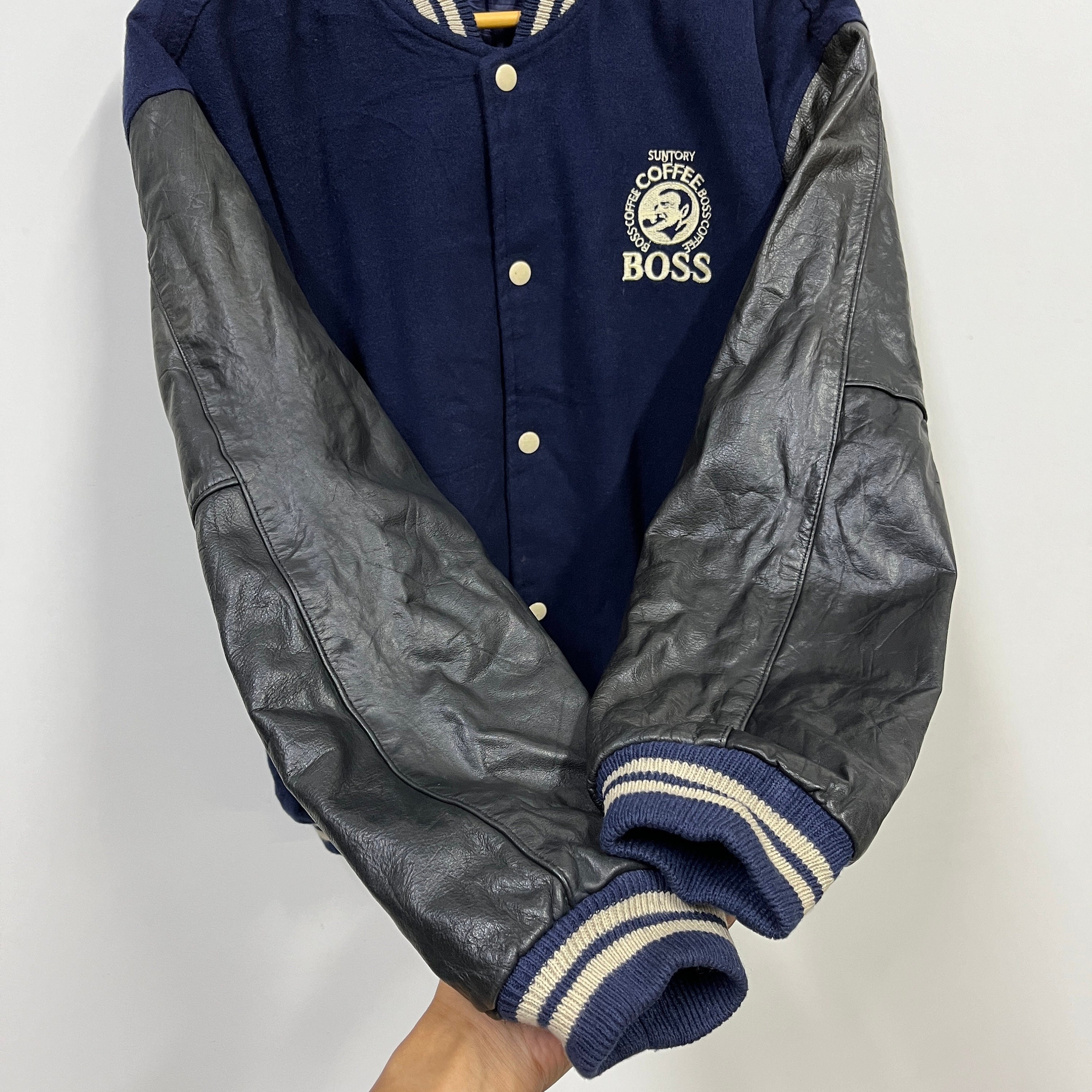 Suntory BOSS Coffee Varsity Bomber Jacket Snap Button Wool
