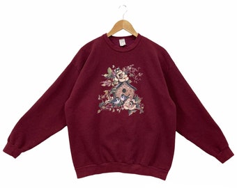 vintage 90s Graphics Cardinal Bird Sweatshirt Cardinal Bird Sweater Bird Crewneck Pullover Habitat Floral Bird Print Logo Maroon Red M L