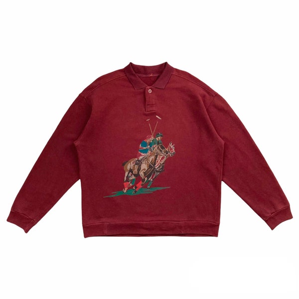 Vintage 80s GUCCI POLO Sweatshirt Gucci Polo Sweater Polo Collar Sweater Gucci Crewneck Pullover Classic Polo Art Print Maroon Red Medium