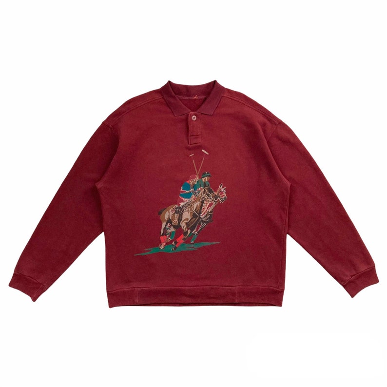 Vintage 80s GUCCI POLO Sweatshirt Gucci Polo Sweater Polo Collar Sweater Gucci Crewneck Pullover Classic Polo Art Print Maroon Red Medium image 1