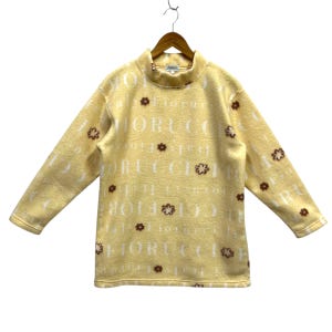Vogue - Vintage 90s Fiorucci Fleece Sweater Mockneck Fiorucci Pullover Sweatshirt Flower Design All Over Print Soft Yellow Large