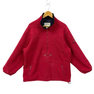Vintage LL Bean Fleece Jacket 3/4 Zip Pullover Jacket LL Bean Deep Pile Fleece Flower Embroidered Logo Red Large