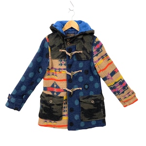 Japanese Brand Cube Sugar Duffle Coat Crazy Pattern Aztec Navajo Southwestern Multicolor Wool Duffle Jacket Women Small Medium