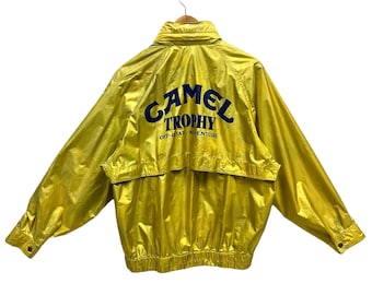 Vintage 90s Camel Trophy Windbreaker Raincoat Jacket Off Road Motorsport Jacket Off Road Avdenture Print Yellow Blue Dye Large