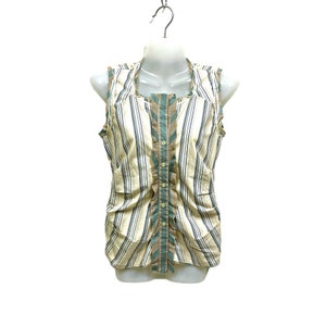 Marithe Francois Girbaud Sleeveless Pleated Button Up Blouse Top Striped Pattern Raw Hem Floral Trim Ribbed Back Cream Small