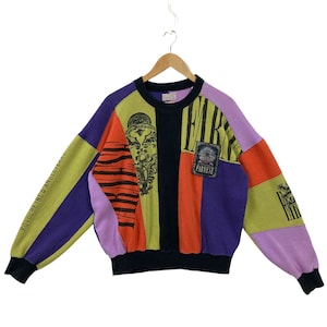 Vintage Farnese Crazy Pattern Multicolor Sweatshirt Farnese Fashion Colorblock Sweater Farnese Crewneck Pullover Pathwork Embroidery Logo M