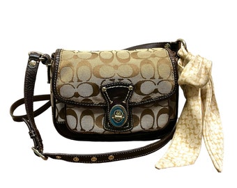 Vintage Coach Monogram Small Crossbody Bag Coach Shoulder Bag Coach Sling Bag Canvas Leather Trim Brown With Ribbon