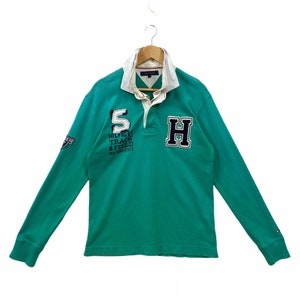 Vintage Tommy Hilfiger Rugby Sweatshirt Casual Double Collar Tommy Hilfiger Patch New York State Print Embroidered Essential Logo Green L