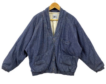 RARE Vintage Japanese Brand Edwin Workwear Jacket Denim Chore Coat Bomber Kimono Shawl Collar Chore Jacket Americana Jean Jacket Blue Medium