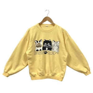 Vintage jaren 90 Cat Sweatshirt Cat Sweater Cat Crewneck Pullover Oversized Cute Cat Cartoon Graphic Print Light Yellow Small Medium