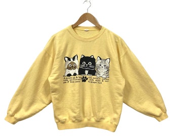 Vintage 90s Cat Sweatshirt Cat Sweater Cat Crewneck Pullover Oversize Cute Cat Cartoon Graphic Print Light Yellow Small Medium