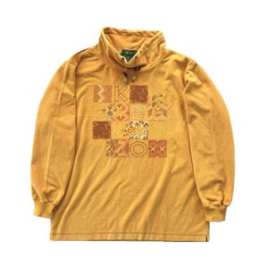Vintage 90s KENZO Sweatshirt Kenzo Mockneck Sweater Kenzo Golf Pullover Kenzo Jeans Embroidery Art Gold Orange Women&#39;s Size Small