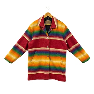 Vintage 90s Woolrich Wool Coat Southwestern Multicolor Stripe Pattern Woolrich Jacket Hip Length Coat Red Yellow Large