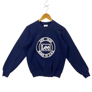 Vintage 90s Lee Sweatshirt Lee Sweater Crewneck Pullover Raglan Midweight Cotton Blend Lee Made In USA Logo Print Navy Blue Small Medium