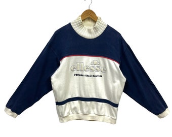 Vintage 90s Ellesse Applique Logo Sweatshirt Ellesse Sweater Ribbed High Neck Ellesse Perugia Italia Navy Blue White Small