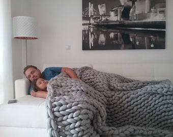 Super Thick Carpet. GIANT Throw. Super bulky Merino Wool. Extreme knitted blanket. Super big stitch carpet by woolWow! Color Cloud.
