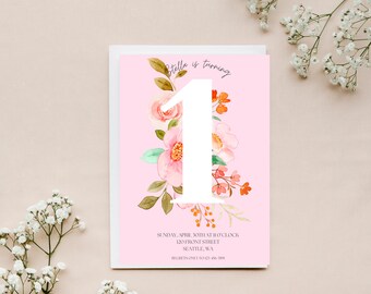 1st Birthday Floral Editable Invitation, Party Evite, Text Invitation, First Birthday Party Invitation, Electronic Invite Digital Invitation