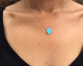 Hamsa Opal Necklace-Opal Hand Necklace-Sterling Silver-Lucky Pendant,for Protection from evil eye-Light Blue