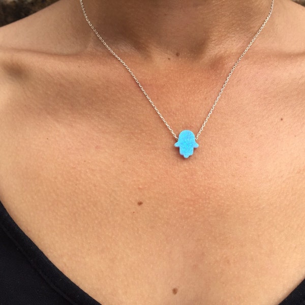 Hamsa Opal Necklace-Opal Hand Necklace-Sterling Silver-Lucky Pendant,for Protection from evil eye-Light Blue