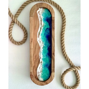 Large wooden tray, wood bowl, beach decor, wooden dish, beach vibes, ocean art, resin art, tree bowl, resin wave bowl, trinket dish.