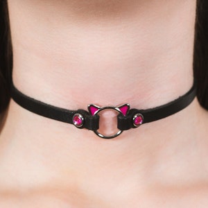 Cat Ring Choker / Collar / Necklace Leather Black / Pink / Cute / Kitty / Unisex / Girls / Cosplay / Anime / Kawaii / Charm /